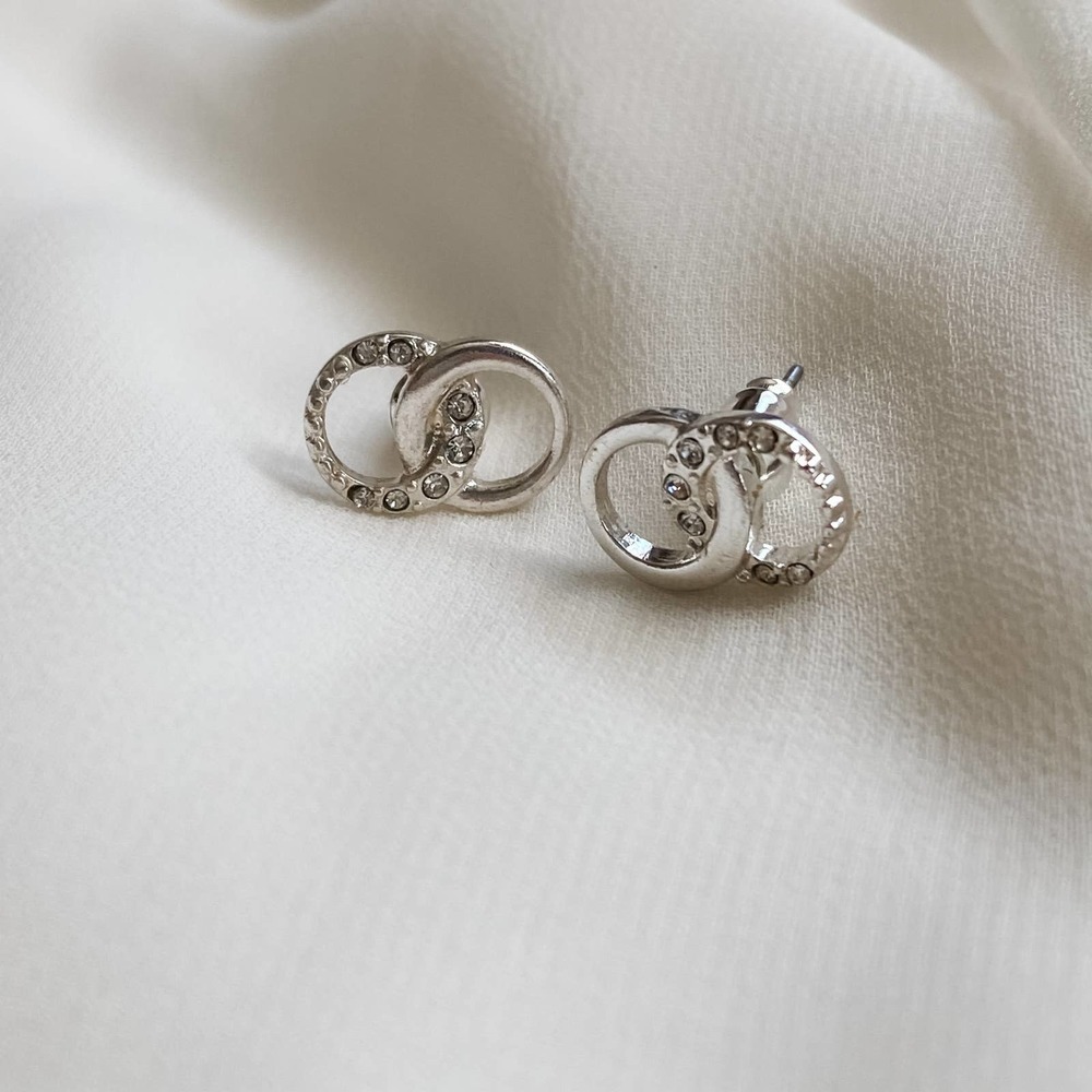 VTG Silver Double Circle CZ Diamond Earrings